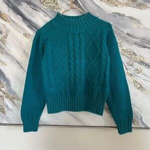Vintage ID!OM Teal Green Cable Knit Sweater Mock Neck Pullover Cotton Blend S